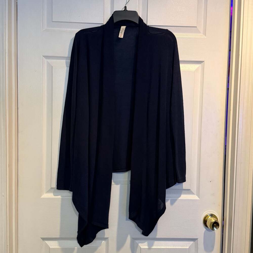 Navy Blue Open Front Cascade Cardigan with Elbow Patches